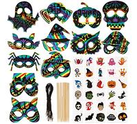 24PCS Masques Gratter Halloween Scratch Art et 30PCS Tatouages Temporaire Artisanat Halloween Bricolage Chauve Souris Fantôme Citrouille Décoration Cadeau Masques Halloween Jeu Enfant Fête