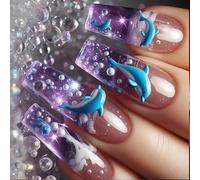 24pcs Mediums Square Presse Sur Les Ongles Avec Des Dauphins Modèle Glacée Glossys Simuels Confortables Réutilisables Art Colues Gratuits Pour Les Femmes