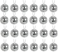 24pcs Mini Silver Disco Ball Decoration with Rope for DJ Club Christmas Valentine's Day Wedding Tree