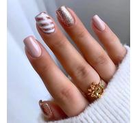 24Pcs Noël Faux Ongles French Carré Court Press on Nails Artificiels Bâton sur Ongles Rayures Roses Ongles à Coller Acrylique Faux Ongles Autocollants Reutilisable pour Femmes et Filles