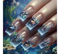 24pcs Oceans Theme Dolphins Blue Dolphins Sur Des Ongles Clear Abs Faux Nails For Women Party Wear Daily Wear Reusable Artificial Press On Nail