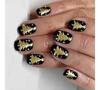 24Pcs Press on Nails Tips Gold Foil Striped Christmas Square Artificial Fingernails Set French Elegant Press on Nail Design