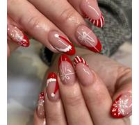 24Pcs Presse de Noël sur les ongles Rayure rouge Design français | Flocon de neige pointes françaises avec rayures rouges paillettes flocons de neige Art longue tenue pour les