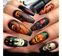 24pcs Presse Réutilisable Sur Les Ongles Thème Halloween Avec Des Motifs De Crâne De Toile D'araignée Et Confortable Et Confort