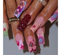 24pcs Presser Sur Les Ongles Carrés Faux Couvertures Complètes Acrylique Avec Floral Bâton Sur Femmes Et Filles De Bureau De Bureau