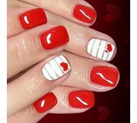 24pcs Presses Brillantes Sur Ongles Pour La Valentin Coeur Rouge Rayure Argentée Carré Faux Ongles Styles Courts Doux Pour Les Fêtes Valentin Presse Sur Ongles