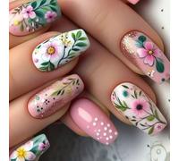 24pcs Pressoir Sur Des Ongles Spring Flower Flases Nails Full Couvers Full Covers Sur Le Cercueil Artificial Manucure Party Ready Nail