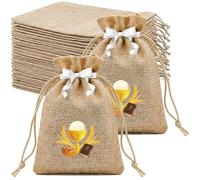 24pcs Sachet Dragée Jute Pochette Baptême Communion Confirmation, Contenant Dragées Baptême 10x14cm avec Ruban, Sachet Jute pour Bonbon Chocolat Cadeau Invité Bapteme, Motif Croix Épi