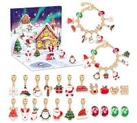 24pcs / set Calendrier de l'avent de Noël 2025 BIELLIE DIY Calendrier l'Avent Kids avec 2 bracelets réglables 14 pendentifs thématiques et 8 perles pour la célébration Noël
