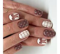 24Pcs Short Square False Nails Coffee Brown Bowknot Checkered Design White Polkas Dots Glossy Surfaces ABS Materials For Fall Winter Manicure Autumn Winter Coffee Brown Bows Knots False Nail