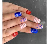 24pcs Short Square Faux Nails Independence Day Press Sur Des Clous Avec Des Paillettes S'en Tiennent À Un Look Festif Unique Femmes Nail Art