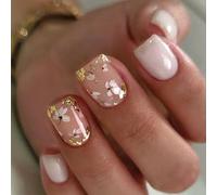 24pcs Square Short Faux Nails White Floral Designs Stick Gold Foil Stick On Manucure Ornement Pour Les Femmes CONTRACT