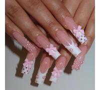 24pcs Sweet French Styles Press On With Elegant Bowknot And Pearls Decoration Faux Manucure pour Femme