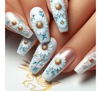 24x Ballerines Couverture Complète Faux Ongles Fleurs Blanches Presse Sur Long Bâton Sur Acrylique Pour Filles