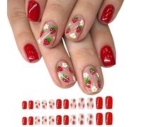 24x / Boîte Beau Strawberry Faux Nails Press Flower Sur Les Couvertures Complètes Courtes Stick On Manucures Supplies