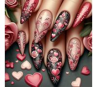 24x Coeurs Complets Couvertures Faux Ongles Appuyez Sur Des Fleurs Bâton Sur Les Médiums Acrylique D'amande Pour La Saint-Valentin
