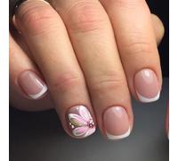 24x Courte Carrée Pressante Sur Les Ongles Pointe Française Acrylique Faux Ongles Ongles Artificiels Brillants Fleurs Fleurs Sur Des Ongles Pour Fête