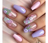 24x Couverture Complète Brillante Faux Ongles Ballerines Courtes Presse Sur Acrylique Solide Fleurs Coller Sur