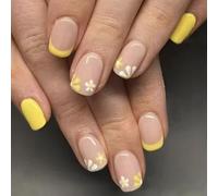 24x Fleurs Ongles Artificiels Jaunes Pointes Françaises Pressées Sur Un Bâton Carré Court Sur Brillant Faux Pour La Fête