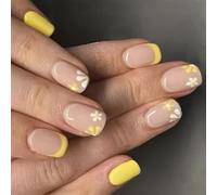 24x Fleurs Ongles Artificiels Jaunes Pointes Françaises Pressées Sur Un Bâton Carré Court Sur Brillant Faux Pour La Fête