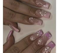 24x French Tip Presse Sur Des Ongles Longueur Mediums Faux Nails Fleurs Stick Acrylique Avec Strassons