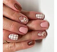 24x Grilles Rayées Couverture Complète Faux Ongles Fleurs Presse Sur Bâton Carré Court Sur Acrylique Pour Quotidien