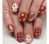 24x Hiver Bâton Sur Ongles Court Carré Faux Fleurs Et Lignes Presse Sur Scintillant Couverture Complète Faux