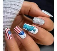24x Independence Day Faux Nails Artificiel 4 Juillet Couvertures Complètes Stick Sur Mediuim Square Press On