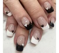 24x Valentin Appuyez Sur Des Ongles Carrés Moyens Faux Ongles Black White Heart Stick Sur Pointe Française Acrylique
