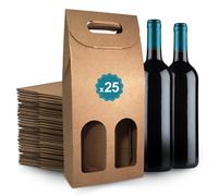 25 Boîtes en Carton Marron Vides pour 2 Bouteilles de Vin 18x9x40cm | Emballage pour Bouteille de Vin pour Cadeaux de Noël, Pâques, Anniversaire, pour les Caves à Vin