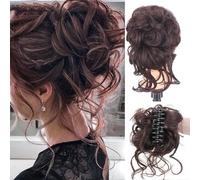 25 cm Perruque oreiller barbe longue avec chignon,Postiche synthétique,Pince à Griffe Messy Chignon Postiche,Perruque à tête de marbre,Chignon décoiffé et ondulé pour femmes et filles (Brun foncé)