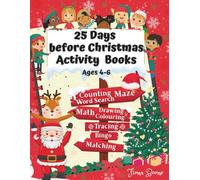 25 days before Christmas activity books: word search, counting, maze, colouring, bingo, tracing, matching, dot to dot, drawing.