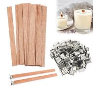 25 Ensembles Meche Bougie Bois avec 25 Bases en Métal, 5" Mèche de Bougie en Bois Trimmable pour la Fabrication de Bougies Parfumées, Meches Accessoires