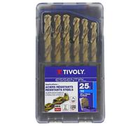Tivoly - Coffret de 25 Forets HSS E5 - Forets Métaux - Taillé Meulé Cylindrique Court, Pointe en Croix - Pour Perçage à Sec, Perceuses sans Fil - Perçage de Précision, Aciers et Fontes