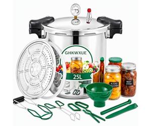 25 L Autocuiseur 2-en-1 & Pressure Canner Cooker,Marmite à Pression avec Manomètre,15,5 Psi, Kit de Mise en Conserve 6 Pièces,Fond en Acier Inoxydable,Compatible avec Plaques à Gaz à Induction