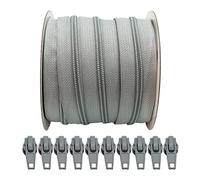 25 Mètres Rouleau de Fermeture Éclair Continu en Nylon + 10 Curseurs Automatiques en Métal 5#, fermeture éclair pour coudre des vêtements, fermeture éclair au mètre, Gris 544, 25 mètres +10 C
