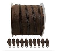 25 Mètres Rouleau de Fermeture Éclair Continue en Nylon + 10 Curseurs Automatiques en Métal 5#, fermeture éclair pour coudre des vêtements, fermeture éclair au mètre, Marron 303, 25 mètres +10 C