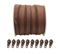 25 Mètres Rouleau de Fermeture Éclair Continue en Nylon + 10 Curseurs Automatiques en Métal 5#, fermeture éclair pour coudre des vêtements, fermeture éclair au mètre, marron 301, 25 mètres +10 C