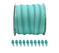 25 Mètres Rouleau de Fermeture Éclair Continue en Nylon + 10 Curseurs Automatiques en Métal 5#, fermeture éclair pour coudre des vêtements, fermeture éclair au mètre, turquoise 251, 25 mètres +10 C