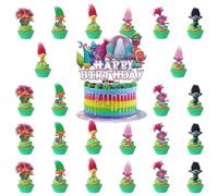 25 Pcs Decoration Anniversaire Trolls, Deco Gateau Trolls, Troll Elfe Cupcake Topper, Deco Anniversaire Troll, Happy Birthday Cake Topper, Trols Party Supplies pour Garçons Filles