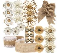 25 Pièces À La Main En Toile De Jute Naturelle Rose Fleurs Pour L'artisanat, Jute Ficelle De Jute Fleurs Et Perles Bow Décoration De Toile De Jute Rustique 8 Styles Avec 1 Rouleau De Ruban De Toile