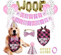 25 Pièces Décoration d’Anniversaire pour Animaux de Compagnie Set Anniversaire Chien Chat Rose Déco Bannière Happy Birthday Chapeau Noeud Papillon Bandana Chiffres Pailletés Ballons Woof en Feuille
