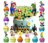 25 Pièces Décoration Gâteau Anniversaire Enfant - Kit Décoration Gâteau avec Topper et Décors Cupcakes pour Fêtes à Thème (Motifs Enfants, Coloré, Réutilisable)