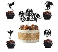 25 Pièces Dragon Noir Joyeux Anniversaire Paillettes Gâteau Tops, Décoration de Gâteau, Cupcake Tops pour la Décoration de Fête D'enfants