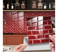 25 Pièces Marbre Stickers Adhésive Décorative à Carreaux pour Salle de Bains et Cuisine Stickers Carrelage, Hiser Mosaïque Imperméables Auto-adhésifs Décoration (Rouge,15x15cm)