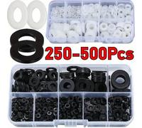 250-500 pièces M2.5 M3 M4 M5 M6 M8 M10 M12 Rondelle plate, entretoise plate et joint d'isolation en nylon plastique blanc et noir pour vis et boulons Black 250pcs