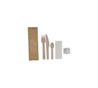 250 kits de couverts en bois 6 en 1 - Fourchette 16 cm + couteau 16 cm + cuillère à dessert + sel + poivre + serviette 1 pli