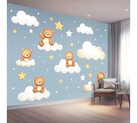 250 x 175 cm Papier Peint intissé Bleu Marron Dessin Animé Mignon Ours En Peluche Étoiles Papier Peint Panoramique Moderne, Mural Photo pour Salon, Chambre, Décor Fond TV