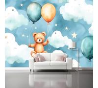 250 x 175 cm Papier Peint Intissé Panoramique - Coloré Revêtement Mural Décoratif pour Salon Chambre Cuisine Fond TV, Aquarelle Nuages Ballons Ours en peluche Imprimé Haute Qualité