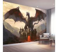 250 x 175 cm Papier Peint Intissé Panoramique - Gris Foncé Revêtement Mural Décoratif pour Salon Chambre Cuisine Fond TV, Mystère Dragon Peinture Château Imprimé Haute Qualité